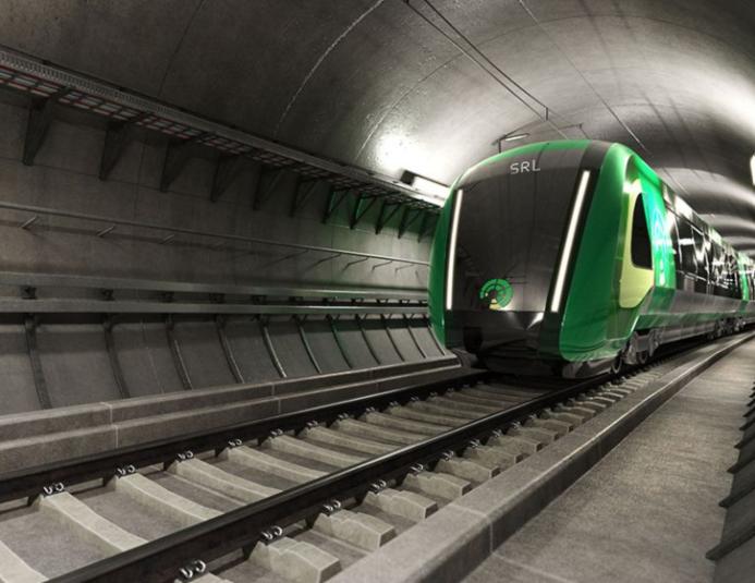 An green, underground train in Melbourne, Australia