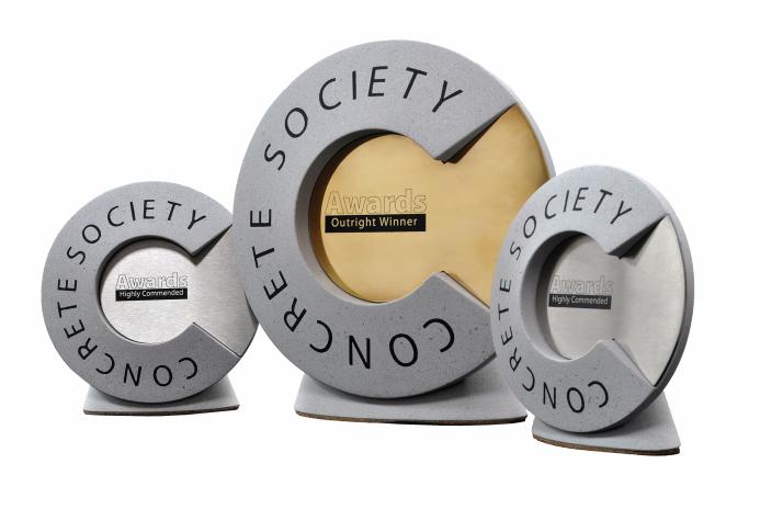 A computer generated image showing three trophies for the Concrete Society Awards