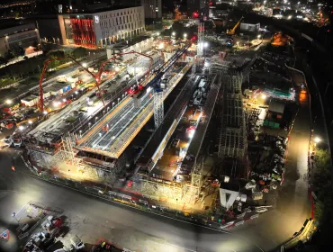 Night time photo of the first concrete pour for HS2's Curzon 3 Viaduct decks