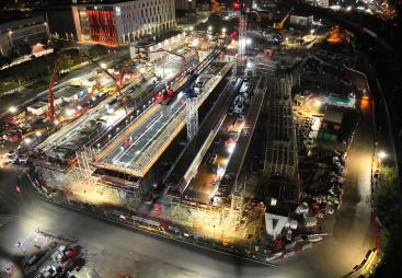 Night time photo of the first concrete pour for HS2's Curzon 3 Viaduct decks