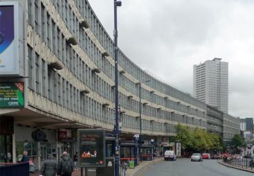 The facade of a huge shopping centre in the Brutalist style