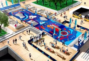 An aerial photo of a multi-coloured skateboard park