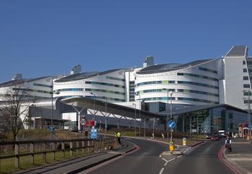 The front of the Queen Elizabeth Hospital Birmingham, Edgbaston, Birmingham.