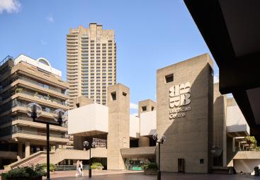 A view of the brutalist-style Barbican Centre, London, UK.