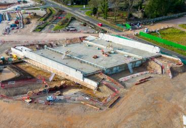 An aerial view of HS2’s Stoneleigh Road bridge under construction near Kenilworth 