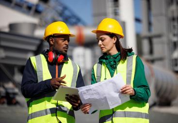 Construction workers in PPE talking