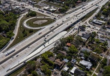 An aerial view of Webuild's I-275 Section 7 Phase 1 project involved widening lanes, installing energy-efficient lighting and advanced signage, and enhancing visibility and safety across the corridor.