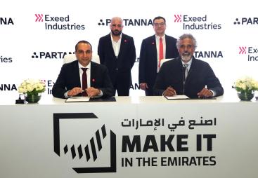 Representatives of Exeed Industries signing a Memorandum of Understanding with carbon-negative concrete pioneer Partanna at the Make it in the Emirates forum in Abu Dhabi, in May, 2025.