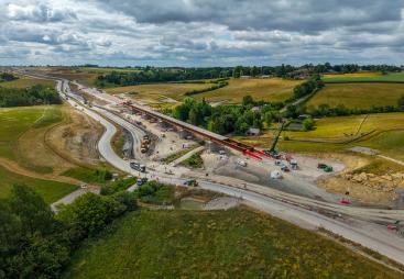 An aerial view of the Lower Thorpe Viaduct deck installed in its final position in June 2025