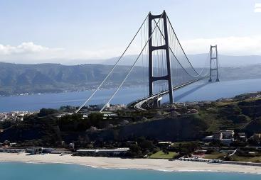 A rendering of the 3,300 m suspension bridge that will connect Sicily to mainland Italy with road and rail, supported by 40 km of new infrastructure by the Stretto di Messina (Messina Strait company).