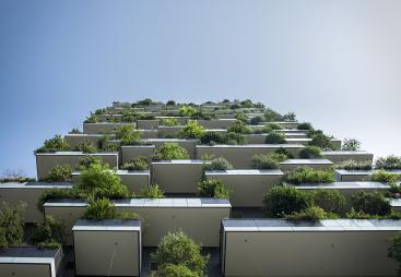Looking up at the exterior of a high-rise building which features balconies covered in plants
