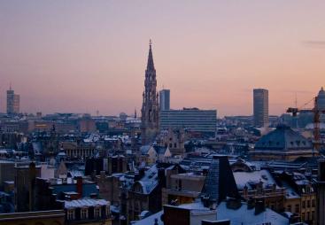 The Brussels city skyline at sunset
