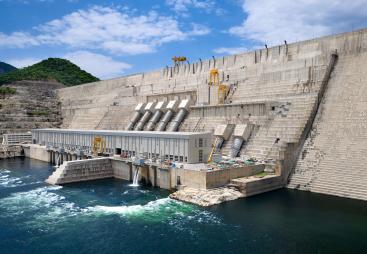 The Grand Ethiopian Renaissance Dam viewed from below and to the right, inaugurated in September 2025, is the largest roller-compacted concrete gravity dam in Africa.