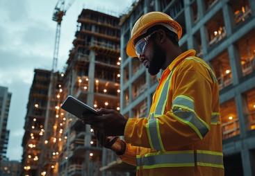 A construction worker in reflective clothing is intently reviewing a digital tablet at a bustling building site.
