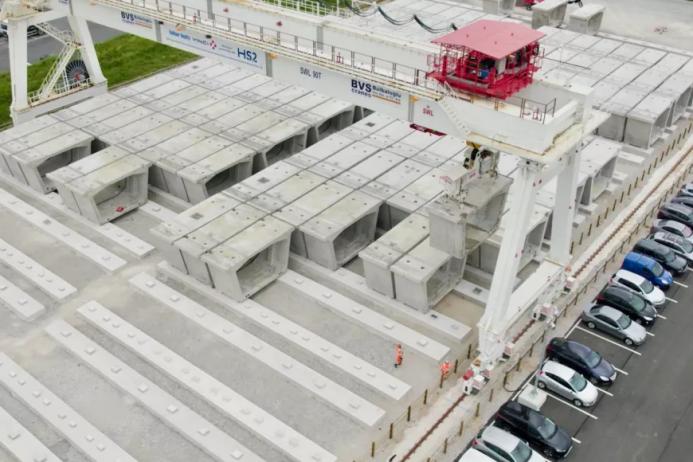 HS2’s precast viaduct segment yard and gantry crane at Kingsbury