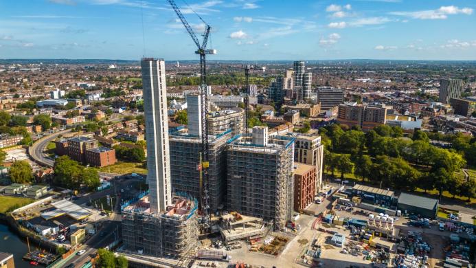 An aerial photo of high rise buildings under construction