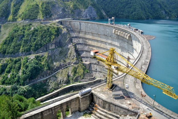 An aerial photo of a concrete dam