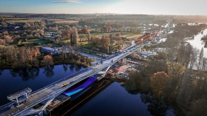 An aerial view of HS2's Colne Valley Viaduct at sunset
