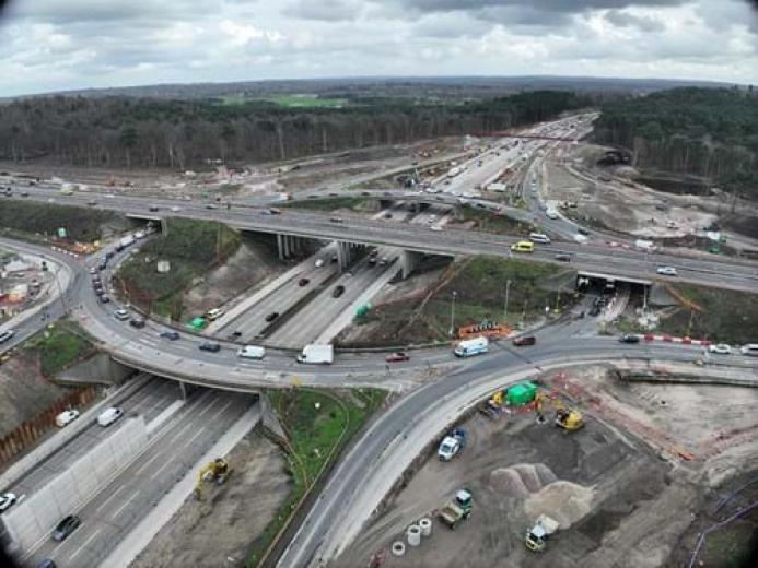 Aerial view of a motorway junction under construction in the UK