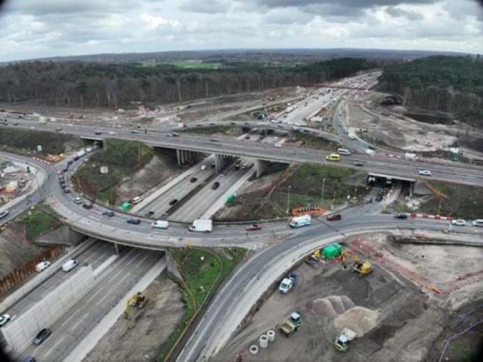 Aerial view of a motorway junction under construction in the UK