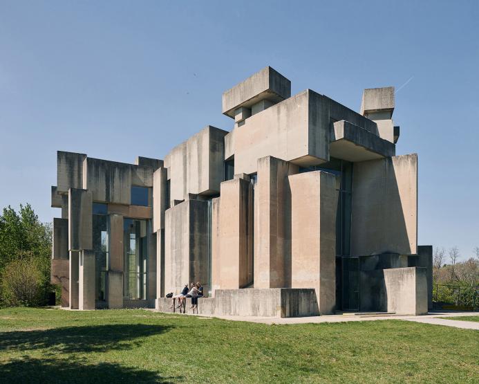 Concrete blocks arrange to form a church