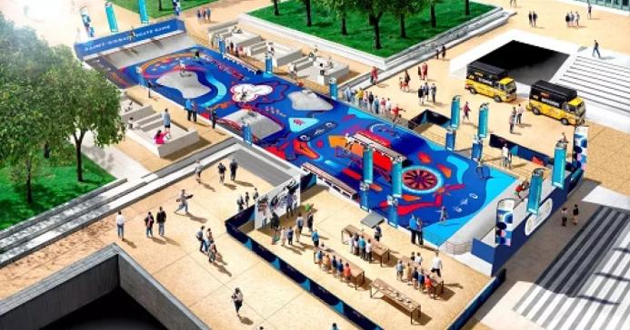 An aerial photo of a multi-coloured skateboard park