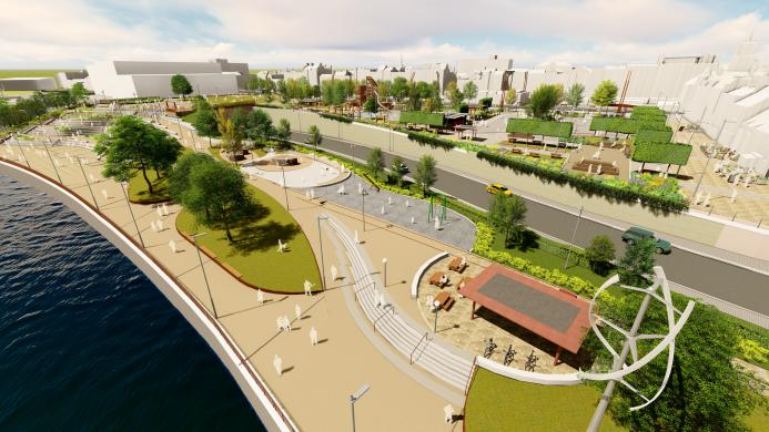 An artist's rendering of a new riverside regeneration