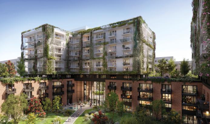 An artist's rendering of a sustainable building with external, hanging garden