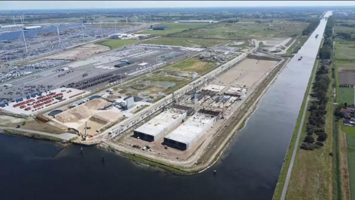 An aerial view of a large industrial dock with construction work taking place