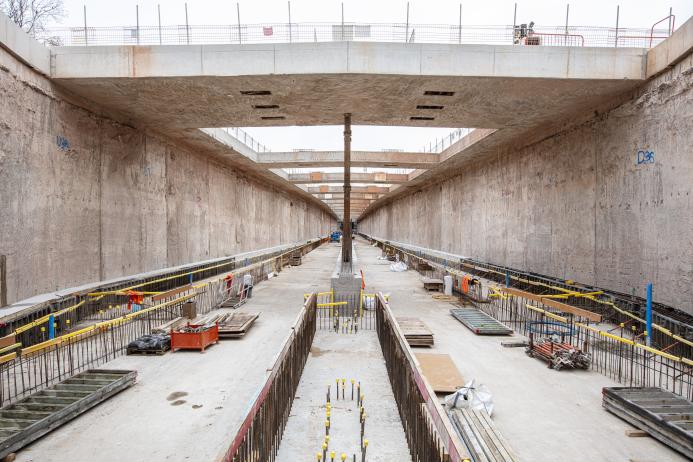 The view from within HS2's 700m-long, concrete lined, top down constructed Burton Green Tunnel.