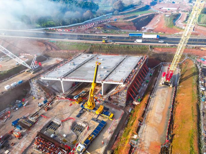 An aerial view of a Construction of a 14,500-tonne box structure designed to take the new HS2 line under the A46 Kenilworth Bypass in Warwickshire