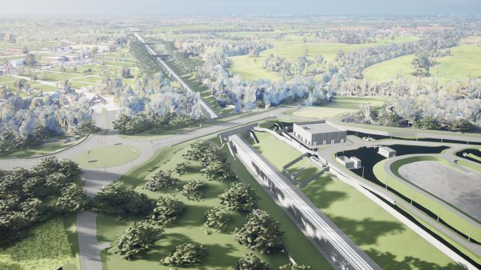 An artist's rendering of of HS2’s Stoneleigh Road bridge near Kenilworth.