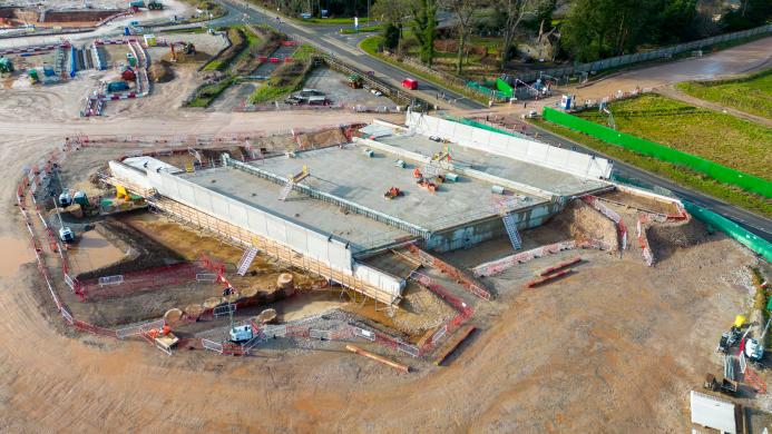 An aerial view of HS2’s Stoneleigh Road bridge under construction near Kenilworth 