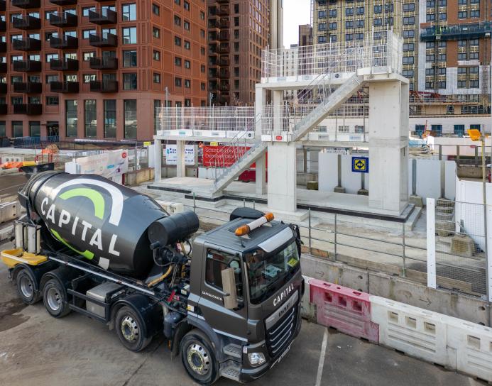 A Capital Concrete mixer delivers concrete to Sisk's Wembley project 