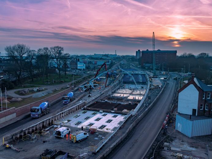 The sun sets over Ashcourt's 1,200m³ concrete pour for the A63 project near Hull.