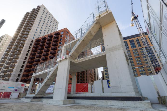 A bare concrete, two-storey structure under construction in Wembley, London by Sisk