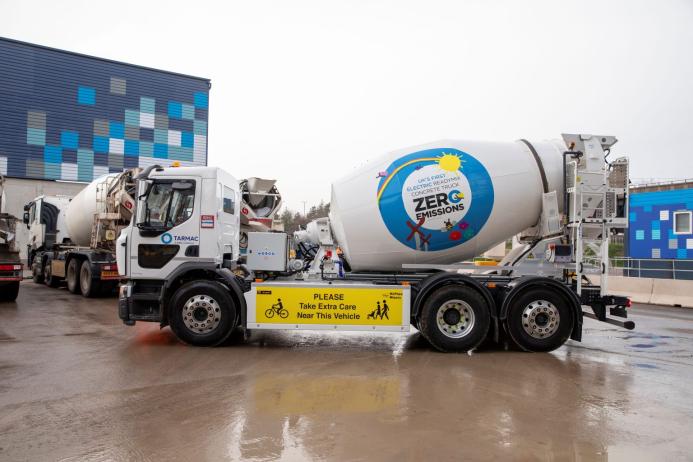 One of six, white concrete mixer trucks, part of Tarmac’s eMixer Discovery Programme which allows supply chain partners to lease an electric mixer for six months to test its performance before committing to long-term investment.