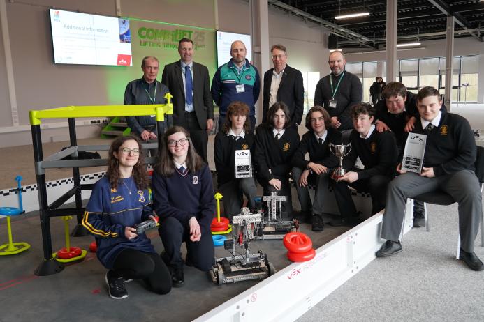 A group of students and teachers from St. Macartan’s College VEX Robotics Team, winners of the North West Regional Finals celebrate their win.