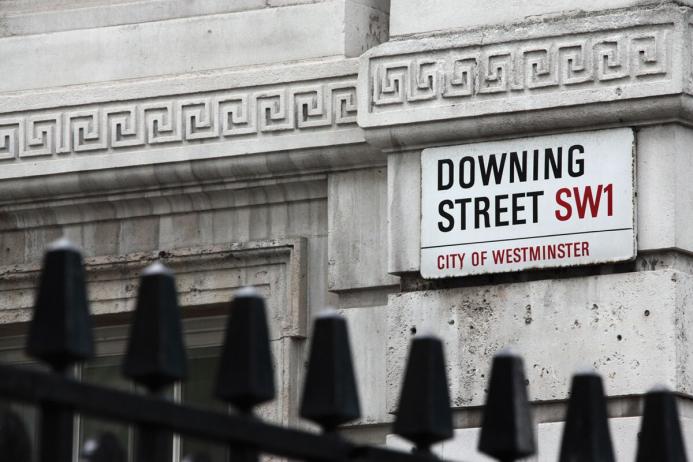 The Downing Street sign and railings