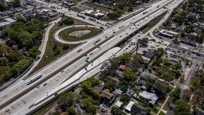 An aerial view of Webuild's I-275 Section 7 Phase 1 project involved widening lanes, installing energy-efficient lighting and advanced signage, and enhancing visibility and safety across the corridor.