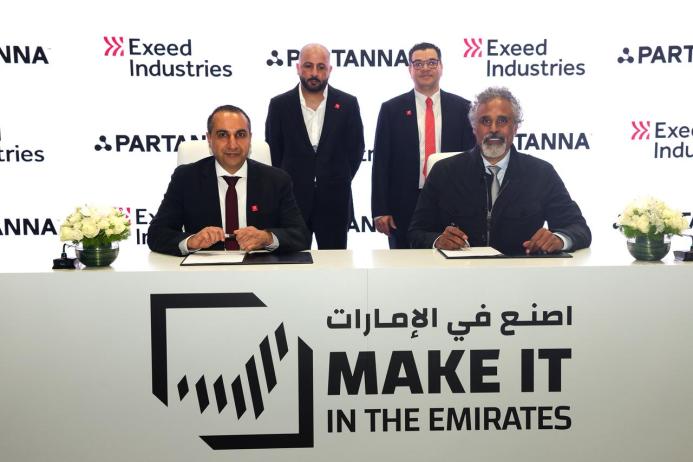 Representatives of Exeed Industries signing a Memorandum of Understanding with carbon-negative concrete pioneer Partanna at the Make it in the Emirates forum in Abu Dhabi, in May, 2025.