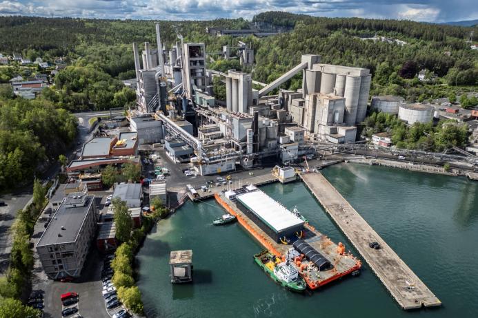 An aerial view of Heidelberg Materials Brevik CCS in Norway, the world’s first industrial-scale carbon capture, and storage (CCS) facility in the cement industry.