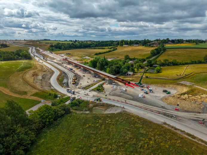 An aerial view of the Lower Thorpe Viaduct deck installed in its final position in June 2025