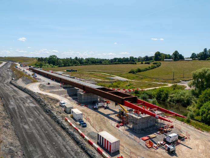 An aerial view of the Lower Thorpe Viaduct on the first day of the deck launch, June 2025.