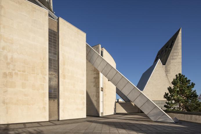 A view of Liverpool Metropolitan Cathedral concrete facade.