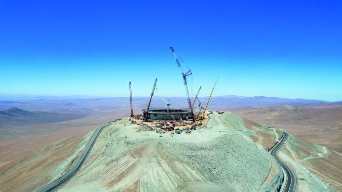 An aerial shot of the under construction the ELT (Extremely Large Telescope) on the Cerro Armazones mountain in the Chilean Atacama Desert. 