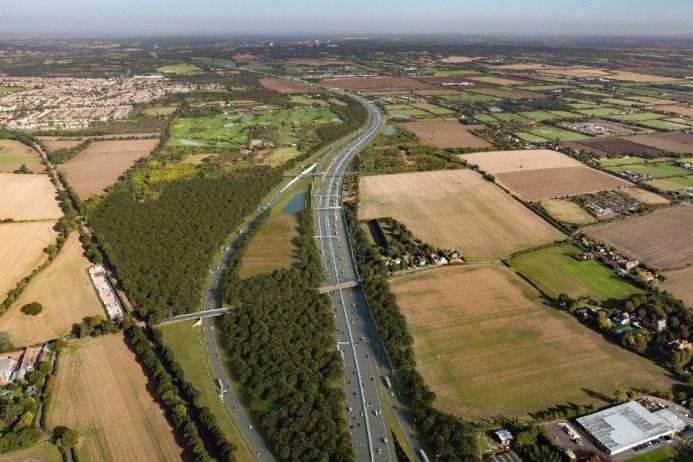 An aerial view of the Lower Thames Crossing junction with the M25 (looking north), with a new bridge for Ockendon Road. Image: National Highways.