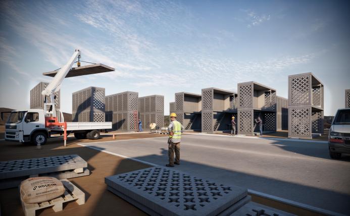 Early visualisation of the unit’s modular design, based on incremental housing principles. Image: Holcim.