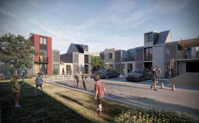 Refined version of the prototype, integrating biochar concrete with visible services and stair access. Image: Holcim.
