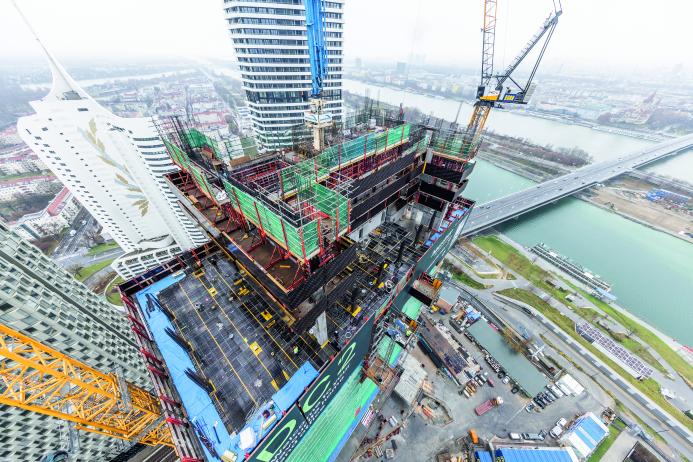 PERI’s climbing and slab formwork systems are helping shape Vienna’s DC Tower 2, rising to 174 metres. (Photo: PERI SE)
